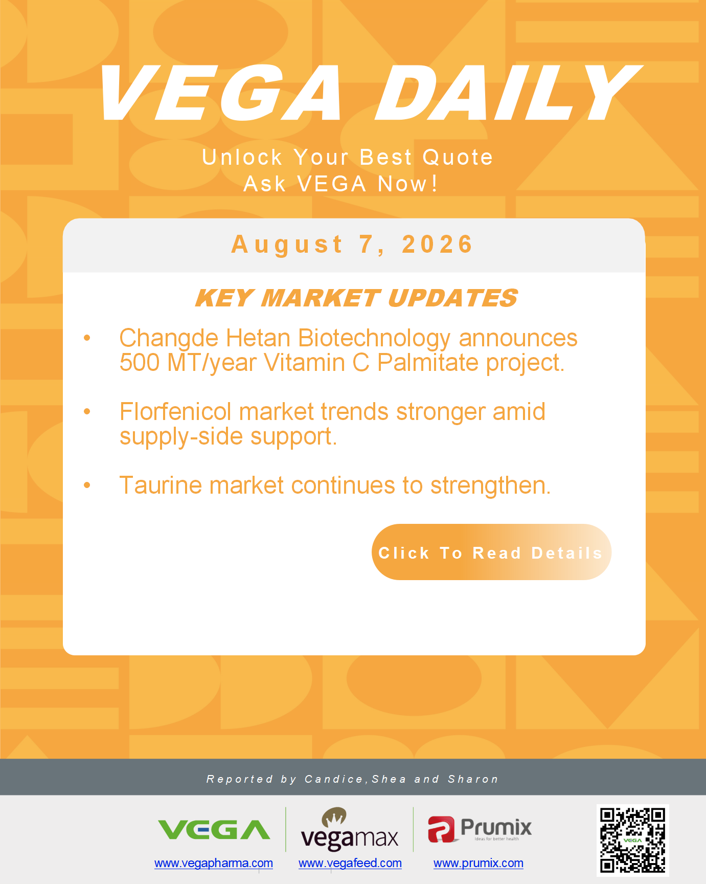VEGA Daily 20260807 Vitamin C Palmitate Project Florfenicol Taurine Update.png